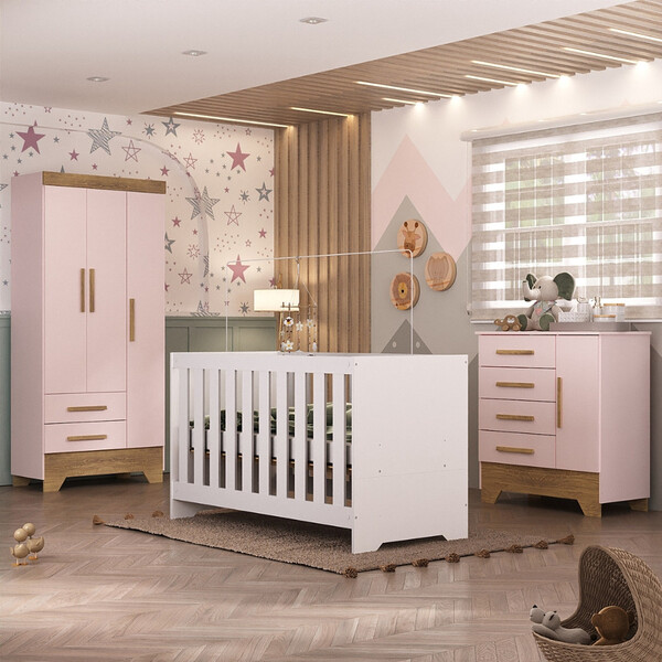 Quarto De Bebê Com Guarda Roupa 3 Porta 2 Gavetas Cômoda 4 Gavetas 1 Porta E Berço 3 Em 1 Catavento Maya Rodial - Imagem 1