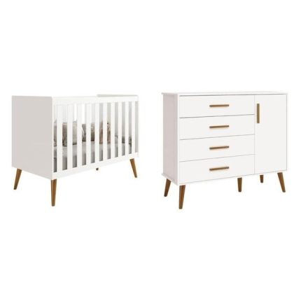Quarto De Bebê Completo Com Cômoda Sapateira 4 Gavetas 1 Porta E Berço Isis Branco