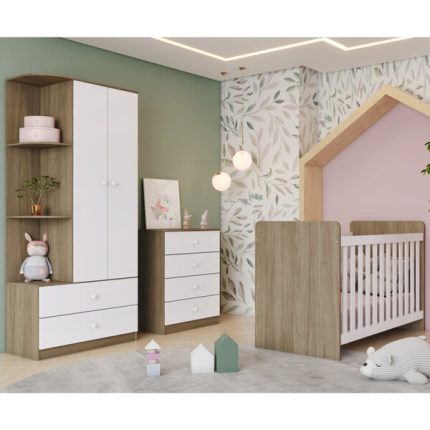 Quarto De Bebê Completo Com Guarda Roupa 2 Portas Cômoda 4 Gavetas E Berço Labirinto Henn