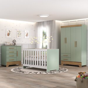 Quarto De Bebê Completo Guarda Roupa 4 Portas 2 Gavetas Com Cômoda E Berço Lily Espresso Móveis Verde Fosco/nature - Imagem 2