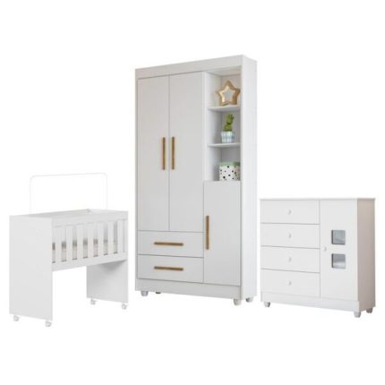 Quarto De Bebê Mini Berço Com Colchão, Cômoda 1 Porta 4 Gavetas E Roupeiro Flocos 3 Portas 2 Gavetas Branco