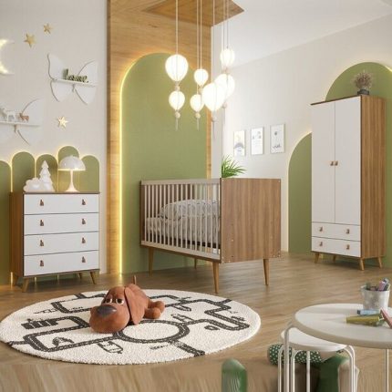 Quarto Infantil Completo Com Guarda Roupa 2 Portas 2 Gavetas Cômoda 4 Gavetas E Berço Encanto Nogal Manchester/ Branco
