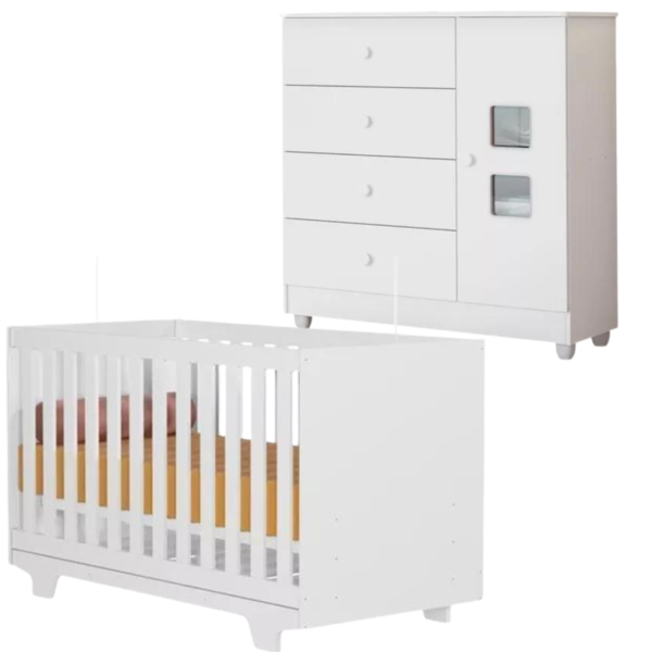 Quarto Montado Cômoda + Berço Multifuncional Branco Top Branco - Imagem 1