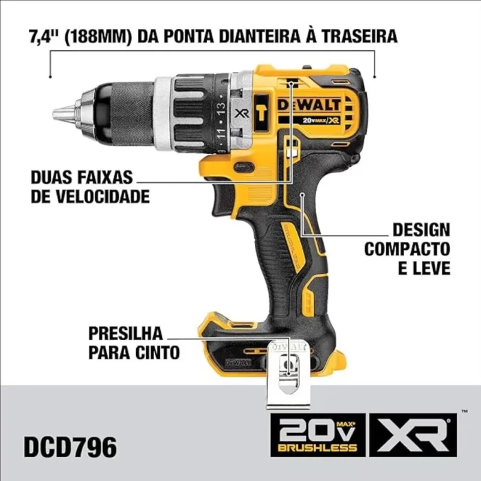 Parafusadeira Furadeira de Impacto Brushless 1/2 Pol. 20V com 2 Baterias Carregador e Maleta – DEWALT-DCD796D2 - Imagem 3