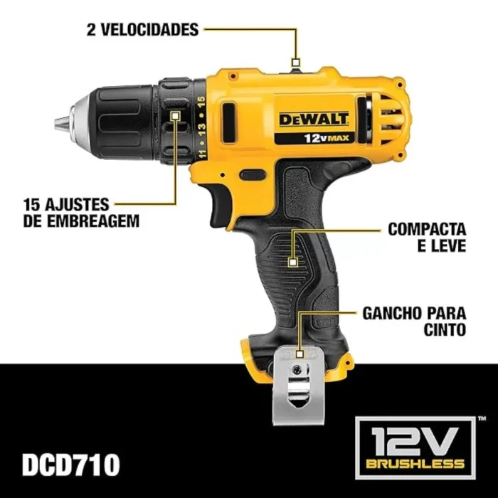 Parafusadeira/Furadeira a Bateria 12V MAX Li-Ion 3/8 Pol. com Carregador e 2 Baterias – DEWALT-DCD710D2 - Imagem 4