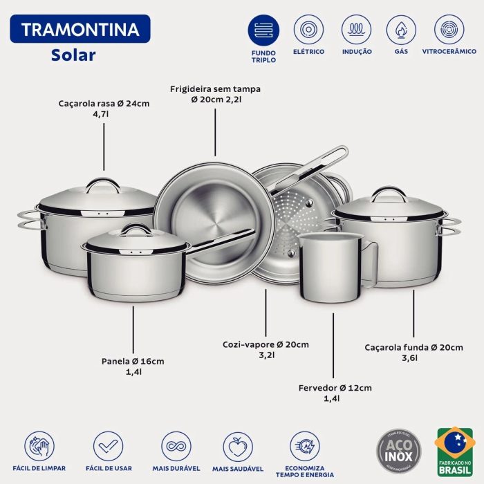 Jogo de Panelas Tramontina Solar em Aço Inox com Fundo Triplo e Tampas de Inox 6 Peças - Imagem 3