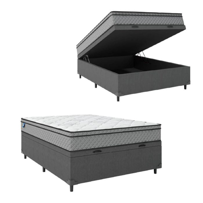 Cama Box Baú Casal Colchão Molas Ensacadas Mirage 138x188x65cm CinzaBranco Umaflex – Suporta até 120kg por Pessoa - Imagem 1