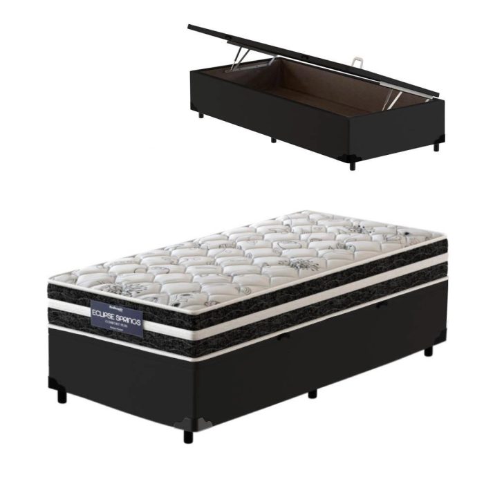 Cama Box Baú Solteiro King Preta + Colchão Molas Ensacadas – Probel – Eclipse Springs 96x203x62cm - Imagem 1