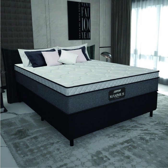 Cama Box Casal Queen Colchão Molas Ensacadas Pillow Top Maximus 158x198x67cm Cinza / Preto Gazin – Suporta até 120Kg por Pessoa - Imagem 1