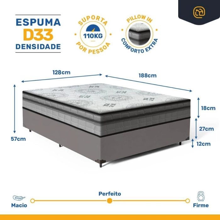 Cama Box com Colchão Espuma D33 Pillow In Anjos Ortosleep Viúva 128x188x57cm - Imagem 3