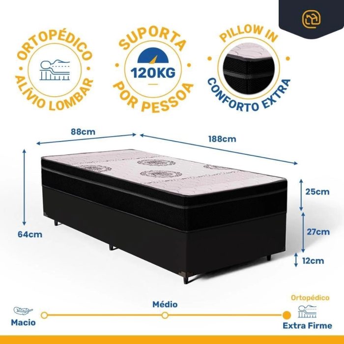 Cama Box com Colchão Pillow In Orthoplus Solteiro 88x188x25cm - Imagem 4