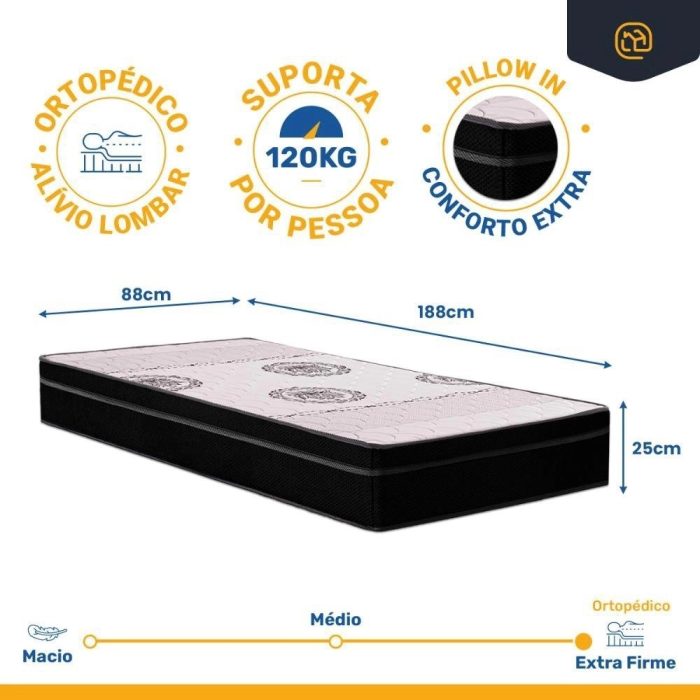 Cama Box com Colchão Pillow In Orthoplus Solteiro 88x188x25cm - Imagem 2