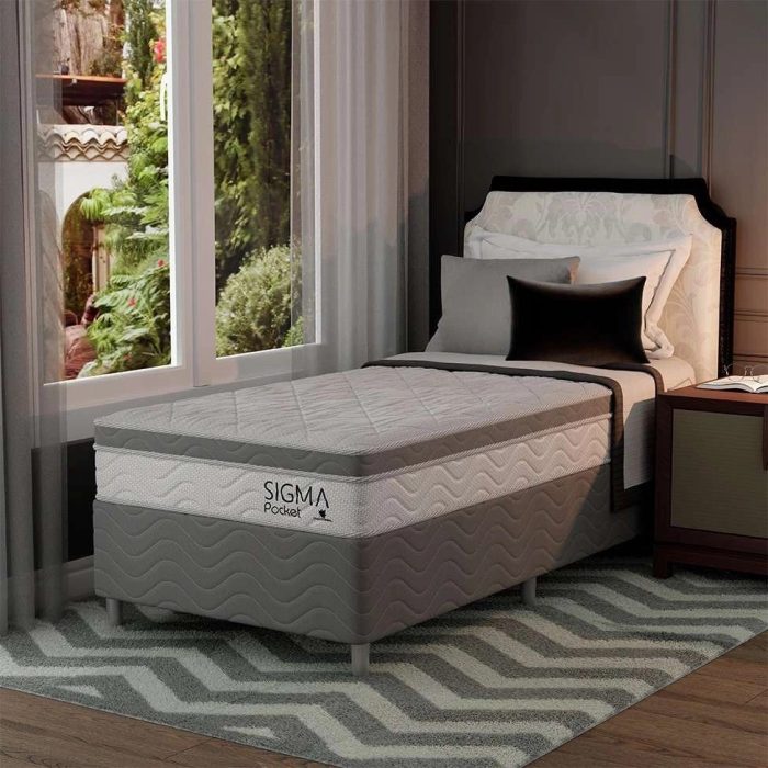 Cama Box com Colchão Solteirão Sigma Molas Ensacadas (22x108x198) Branco e Cinza - Imagem 1