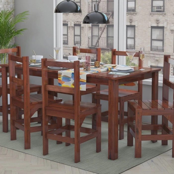Conjunto Sala de Jantar 1 Mesa Tampo Madeira Maciça Quadrado 6 Cadeiras - Imagem 1