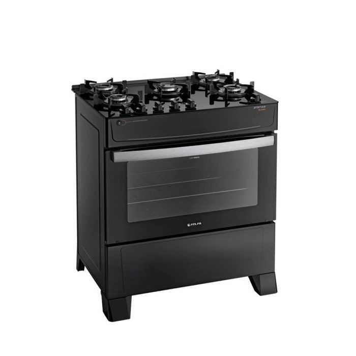 Fogão Atlas 5 Bocas preto Atenas Glass com Acendimento automático – Bivolt - Imagem 1