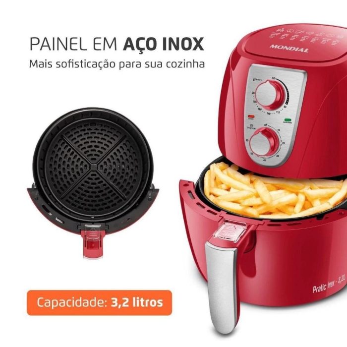 Fritadeira Elétrica Air Fryer Pratic Inox Red 3,2L Mondial AF-34-R 1270W Vermelho – 110v - Imagem 2