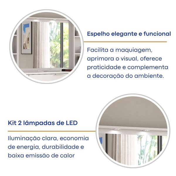 Penteadeira 9 Gavetas Com Espelho E Led 8402 Branco - Imagem 7