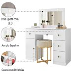 Penteadeira Com Espelho Led Camarim Sonhos 5 Gavetas 1 Porta Branco Moval - Imagem 4